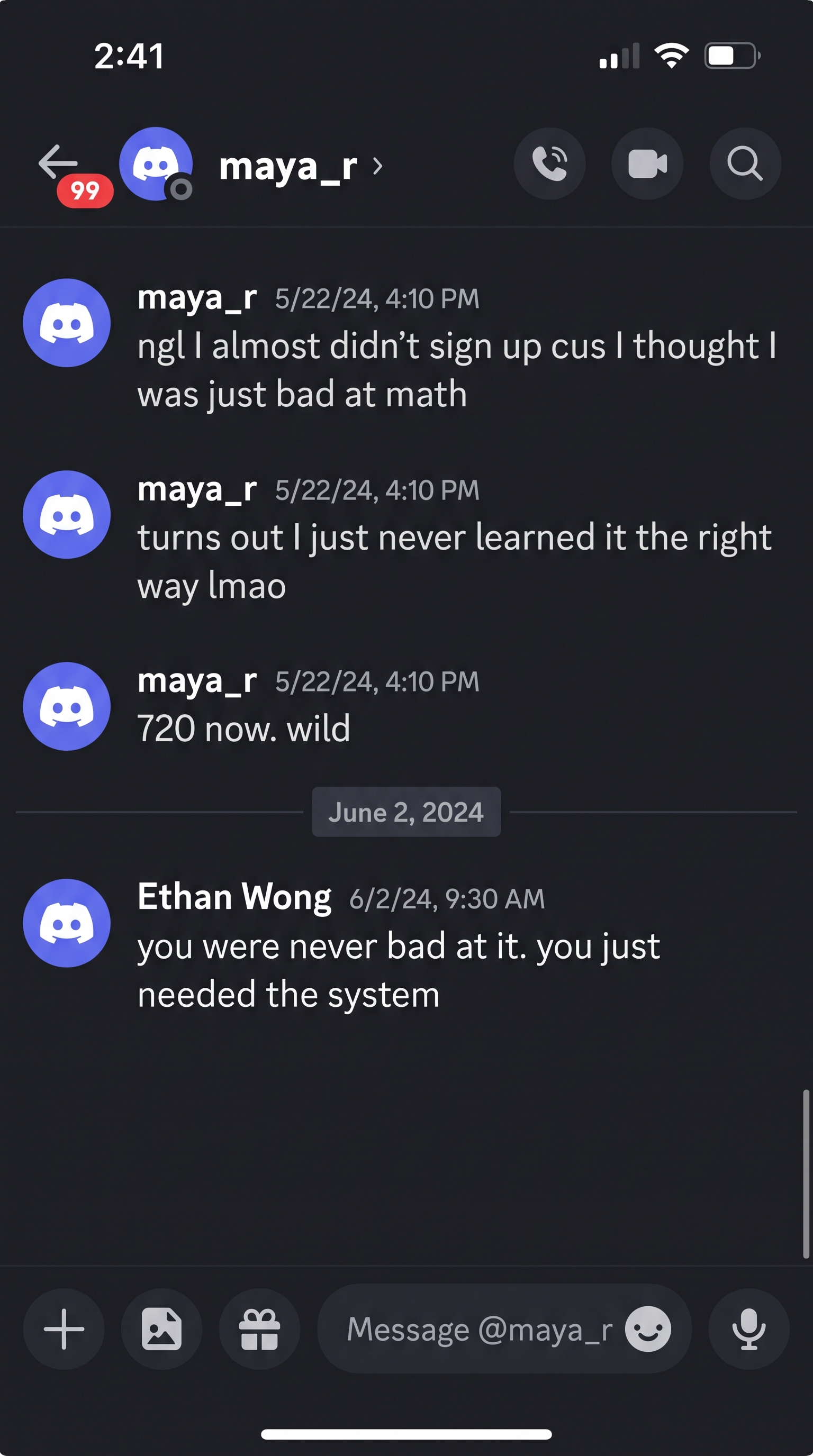 Discord message from a student about their score