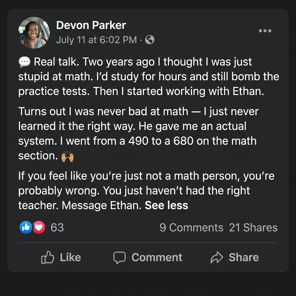 Facebook post from a student about overcoming math struggles