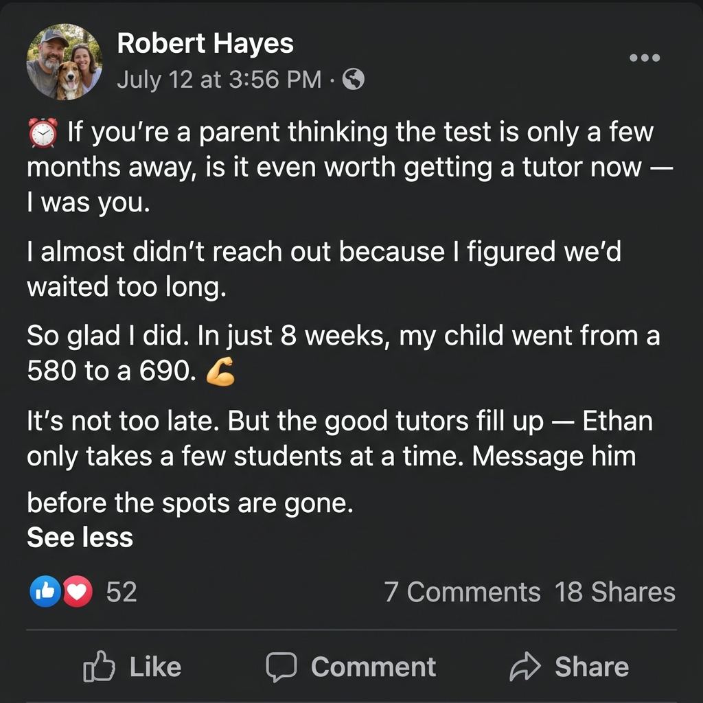 Facebook post from a parent about starting tutoring in time