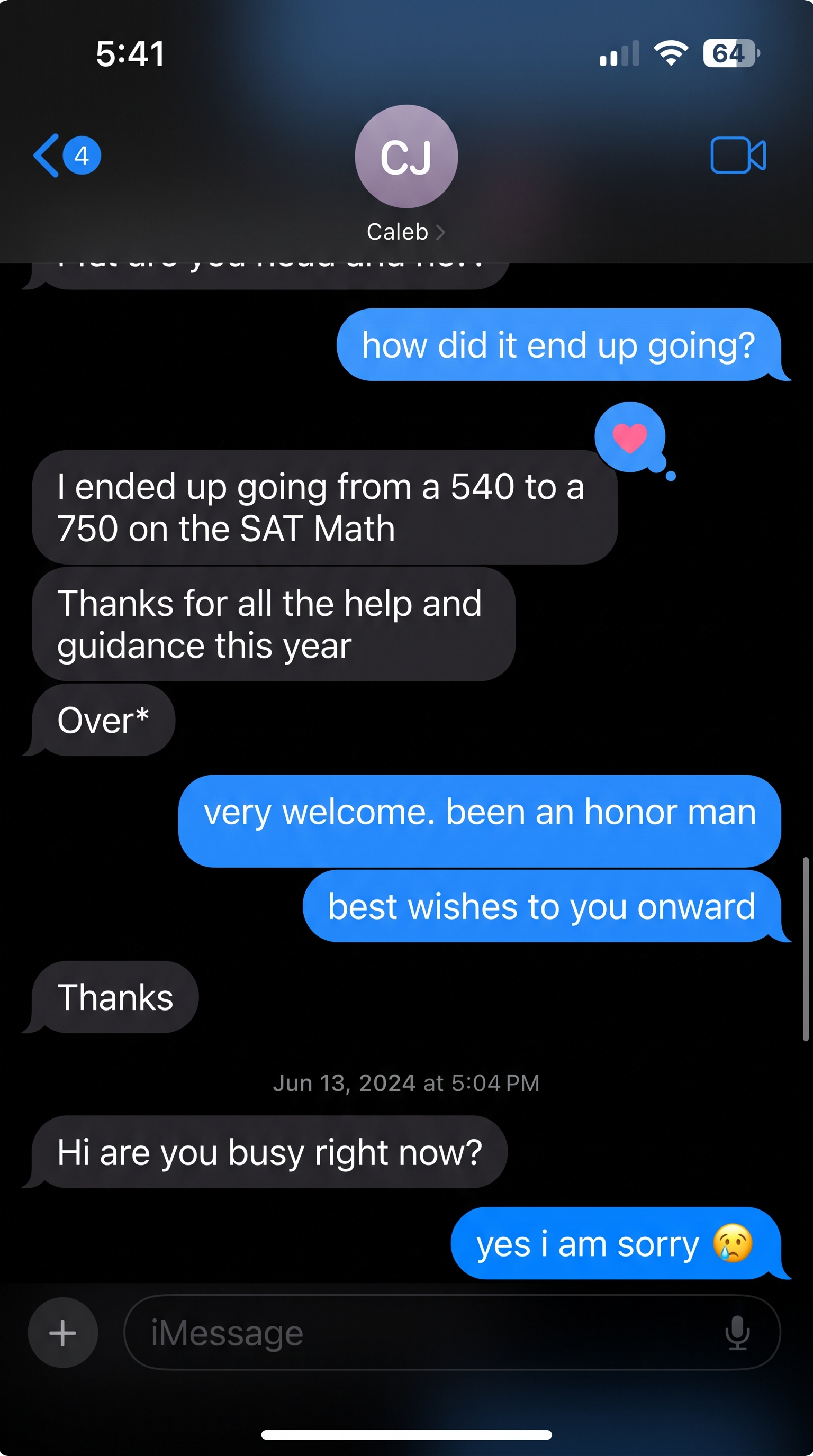 Text message from a student sharing their SAT Math score jump