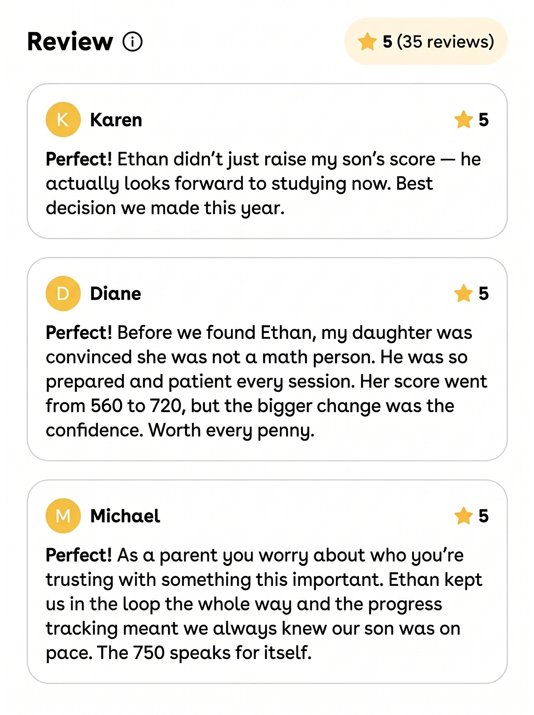 Parent reviews with five-star ratings